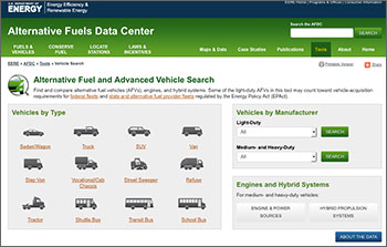 Screenshot of the Alternative Fuel and Advanced Vehicles Search web page